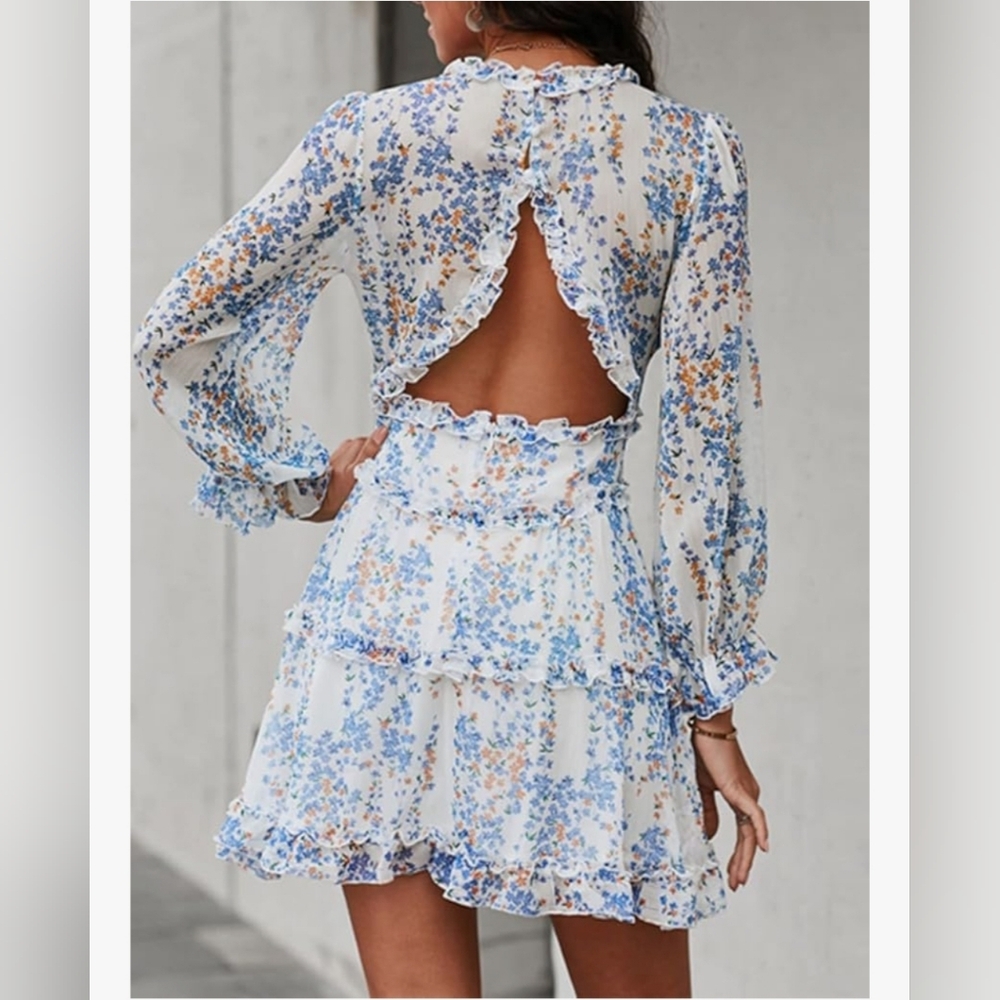 Sold In Live Show- Floral Blue and White Ruffle V' Neck Women's Backless Dress - Picture 5 of 5